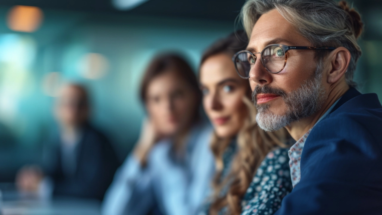 A group of people sitting in a row with one man looking away A group of people sitting in a row with one man looking away