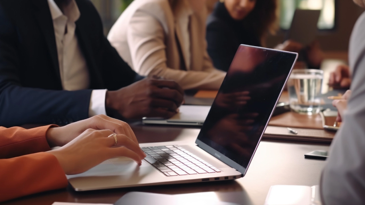 Diverse corporate team engaged in brainstorming around laptop, teamwork Diverse corporate team engaged in brainstorming around laptop, teamwork